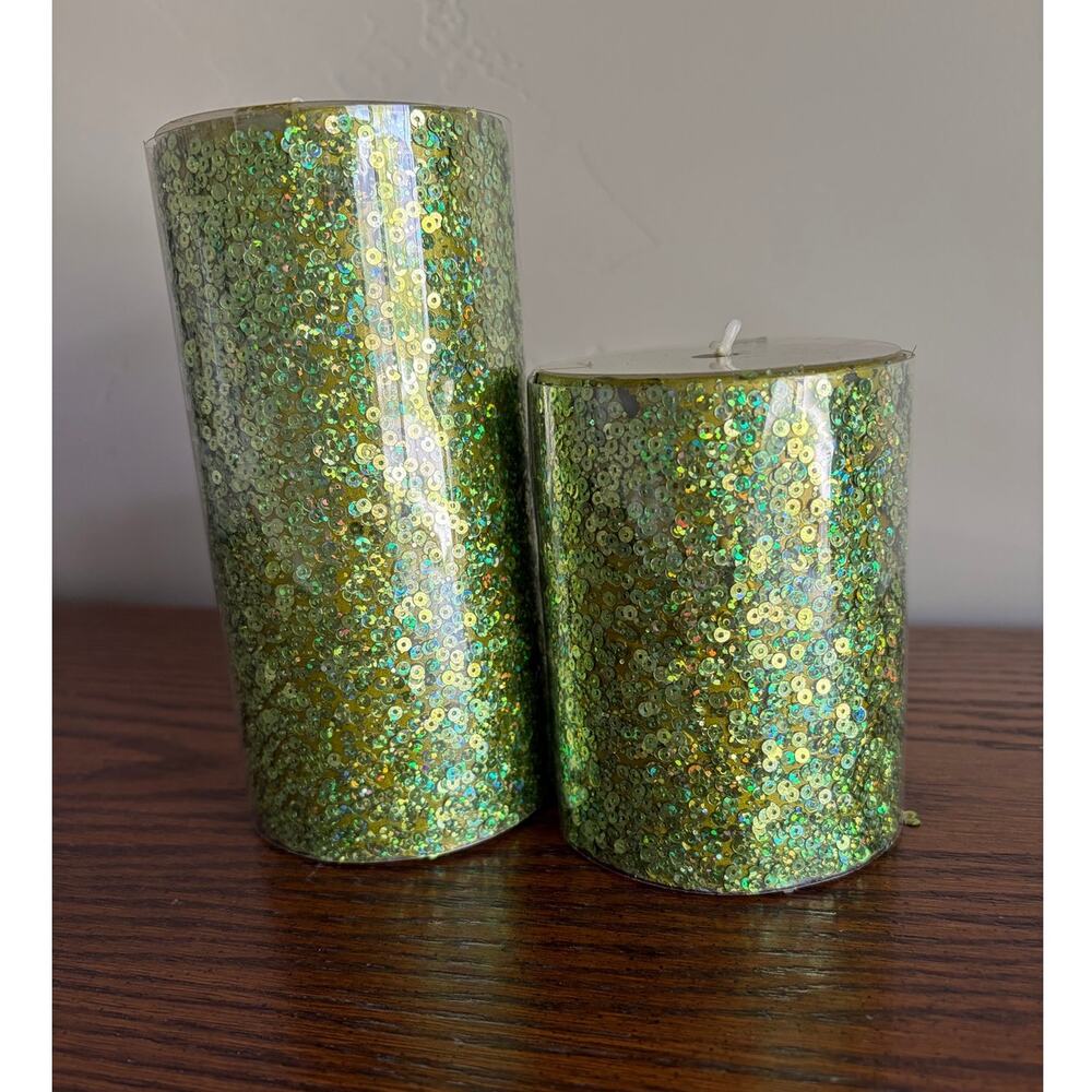 Celebrate It Sequin Shiny Green Decorative Halloween Pillar Candles 2PK - Picture 3 of 4